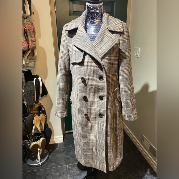 DKNY wool blend plaid coat removable fur collar M - Picture 2 of 12